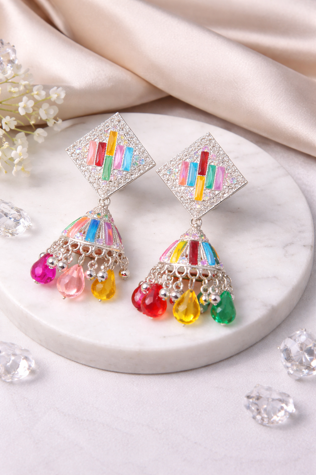 Rainbow Crystal Jhumka Earrings – Premium Silver Finish Statement Earrings