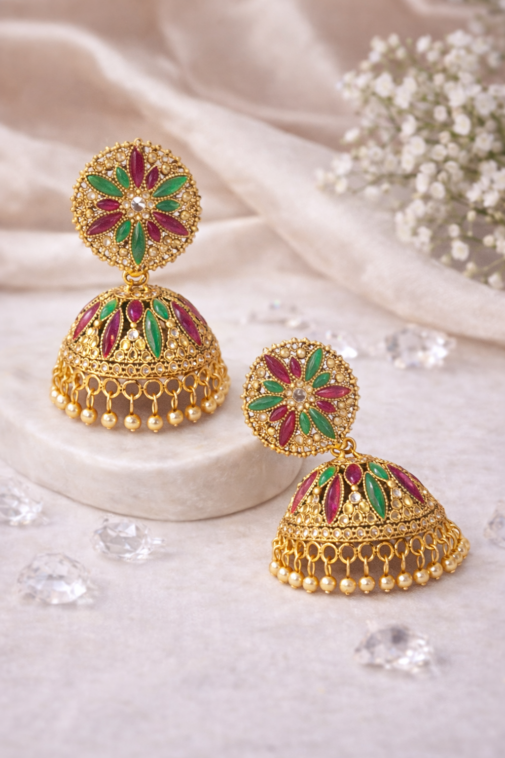 Royal Meenakari Gold Jhumka Earrings – Traditional Bridal & Festive Wear