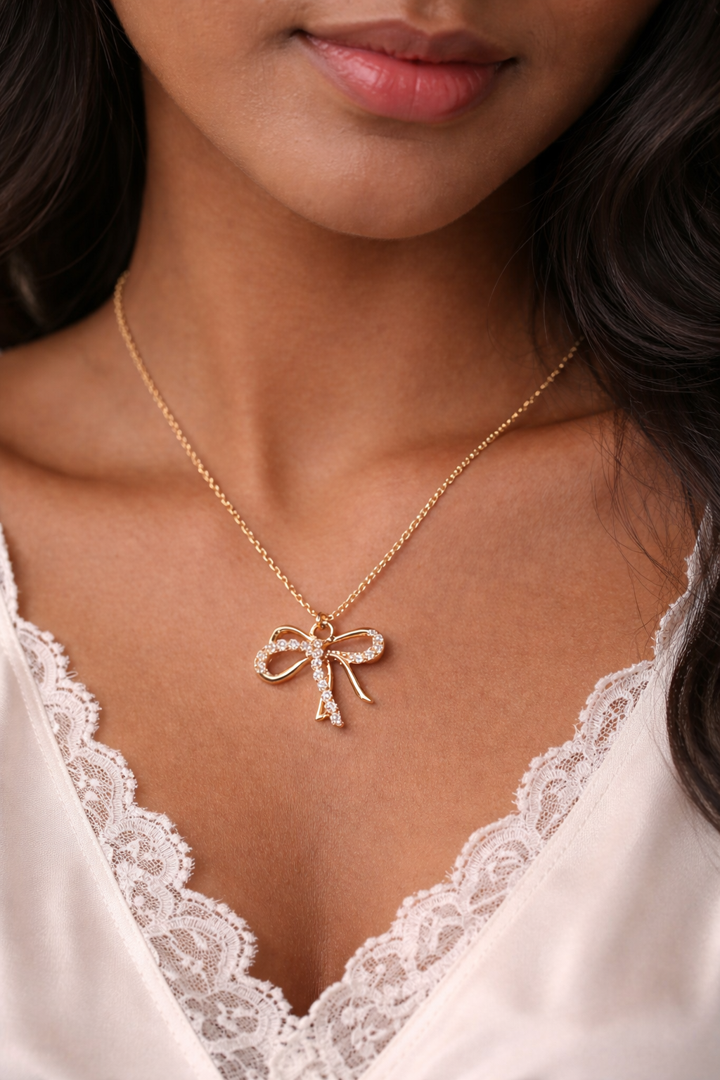 Rose Gold Bow Pendant Necklace – Elegant CZ Studded Stainless Steel Chain