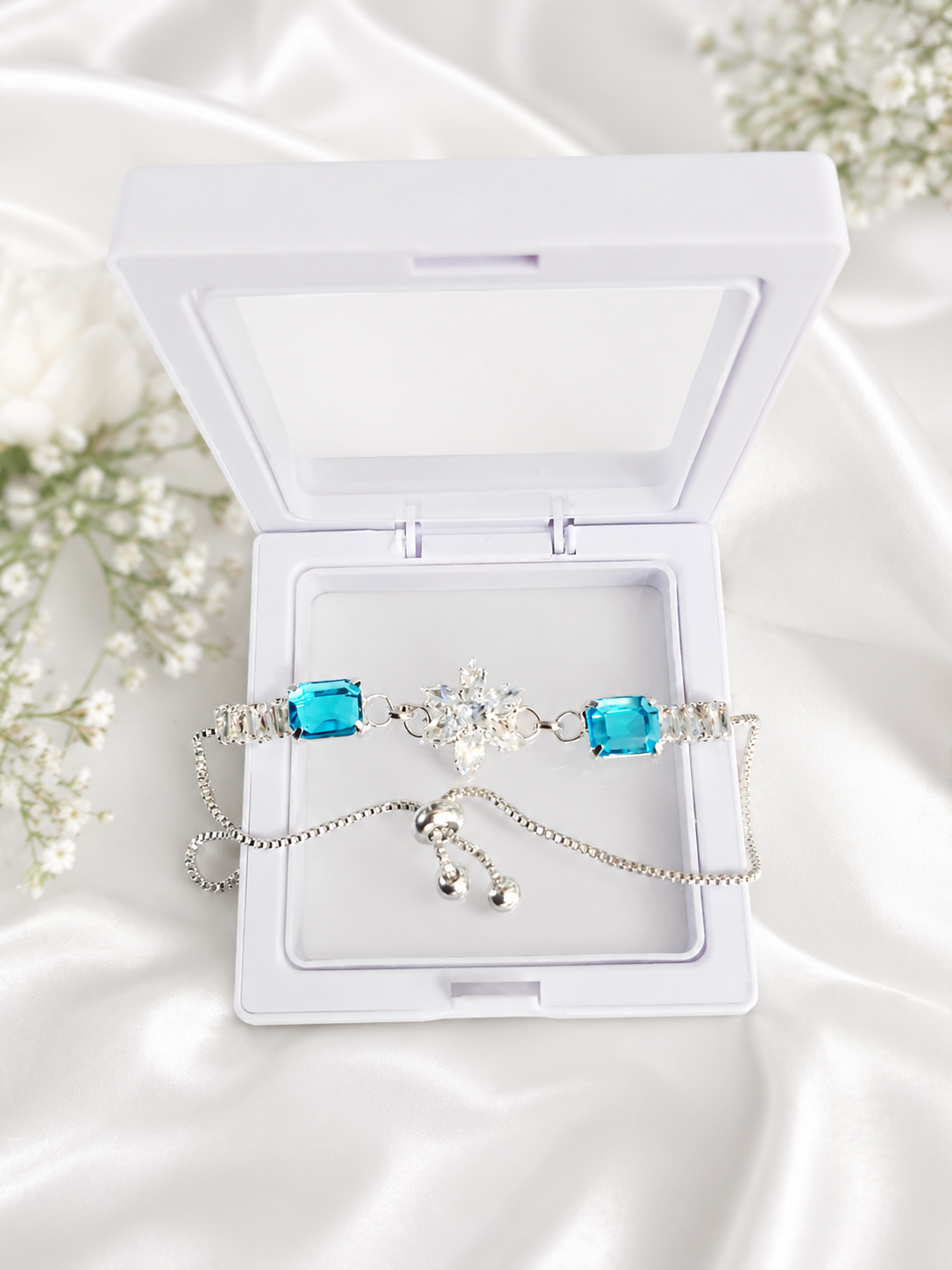 Luxury Crystal Flower Bracelet for Women | Adjustable Silver Plated Bracelet with Emerald Cut Stones | Elegant Party & Gift Jewelry