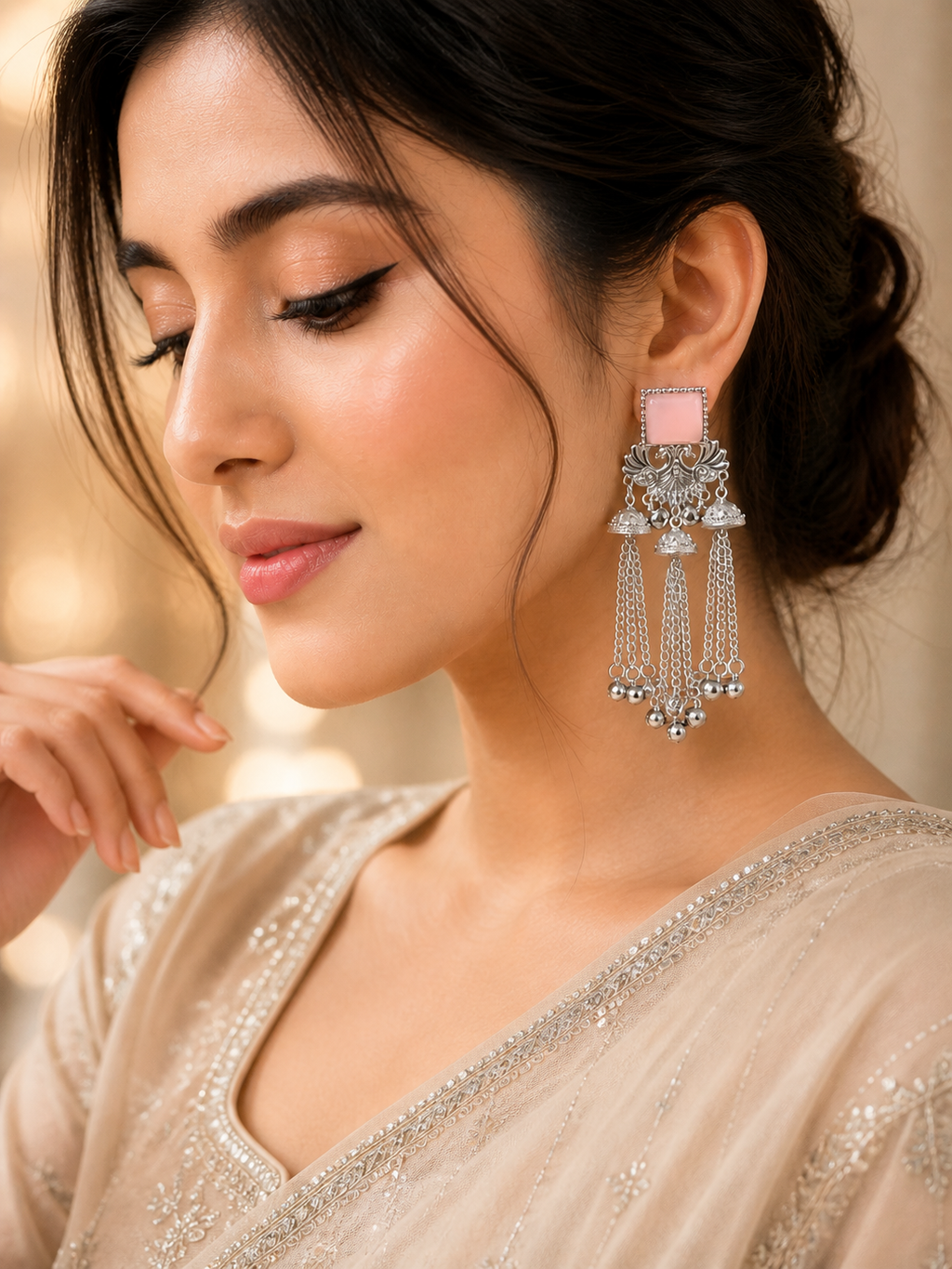 Pink Stone Silver Oxidised Tassel Earrings for Women