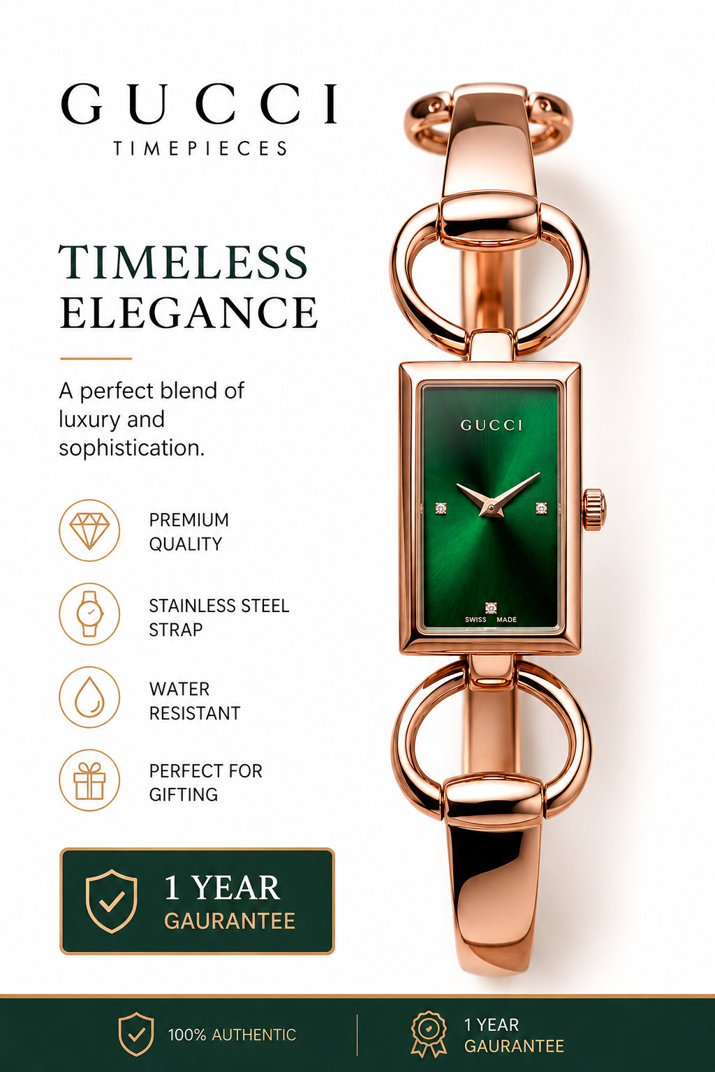Luxury Rose Gold Green Dial Bracelet Watch for Women