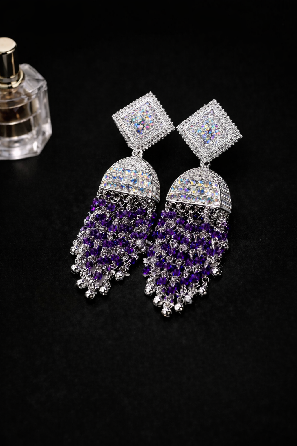 Royal Amethyst Statement Jhumkas | Silver Tone & Purple Beadwork