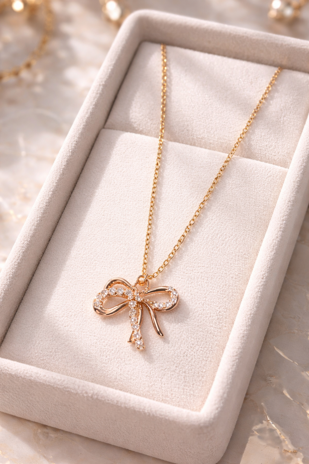 Rose Gold Bow Pendant Necklace – Elegant CZ Studded Stainless Steel Chain