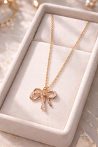 Rose Gold Bow Pendant Necklace – Elegant CZ Studded Stainless Steel Chain