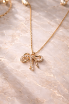 Rose Gold Bow Pendant Necklace – Elegant CZ Studded Stainless Steel Chain