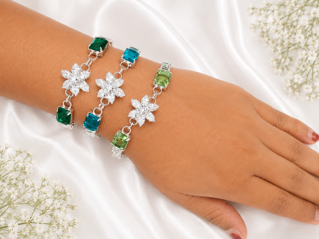 Luxury Crystal Flower Bracelet for Women | Adjustable Silver Plated Bracelet with Emerald Cut Stones | Elegant Party & Gift Jewelry