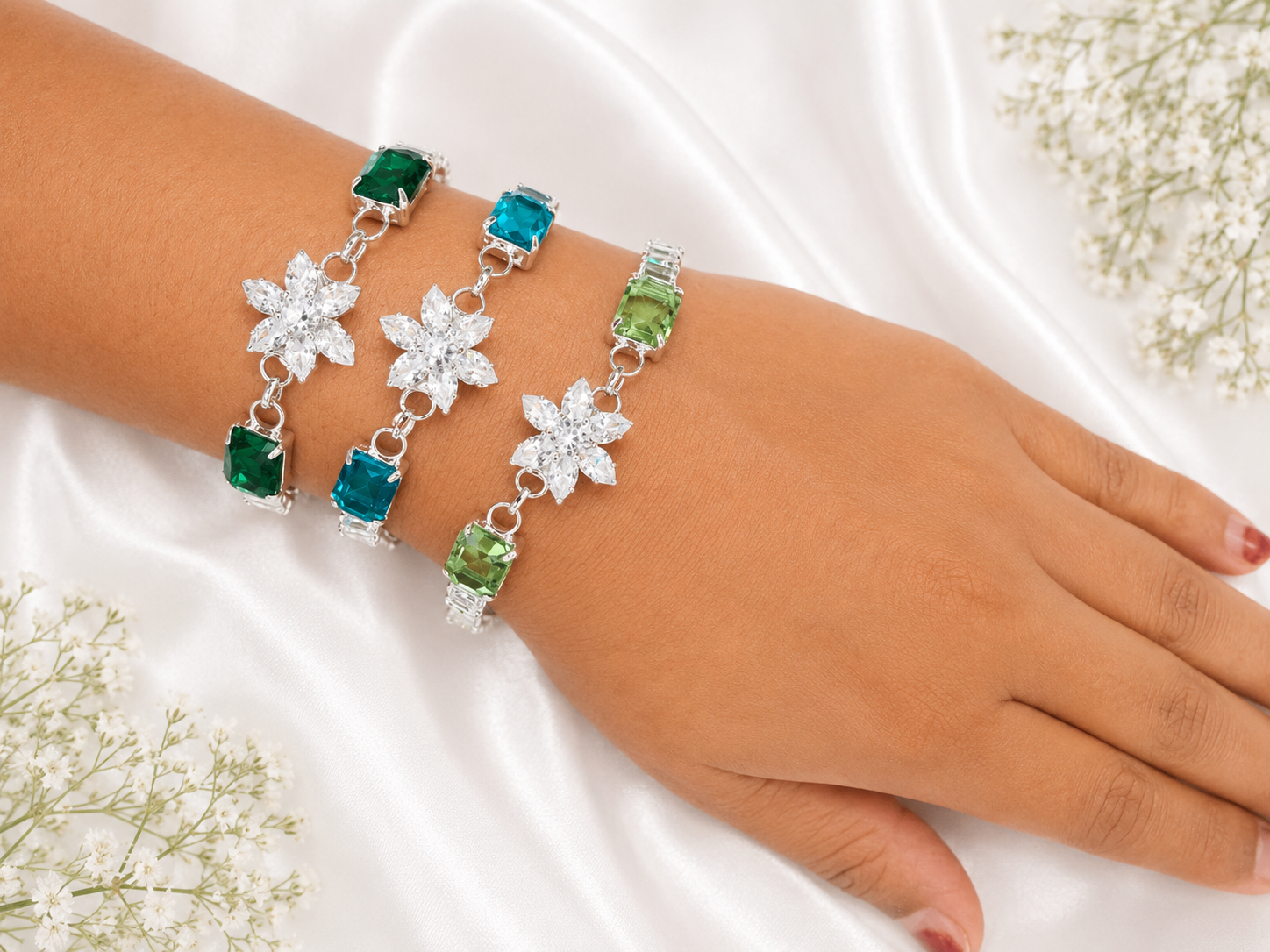 Luxury Crystal Flower Bracelet for Women | Adjustable Silver Plated Bracelet with Emerald Cut Stones | Elegant Party & Gift Jewelry