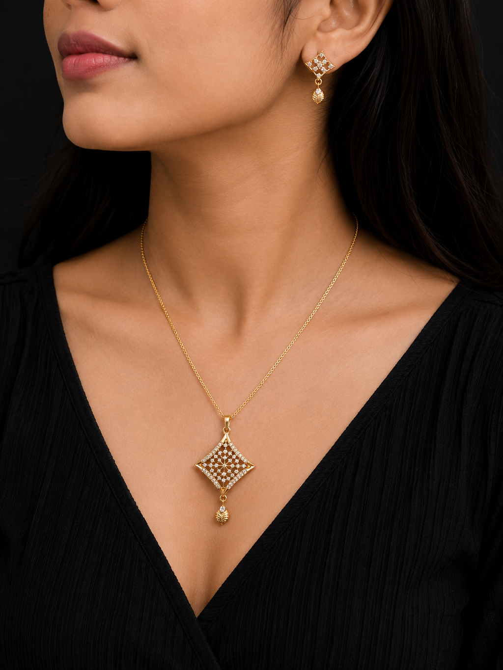 Luxury Gold Plated Diamond Cut Necklace & Earrings Set for Women | Elegant Party Wear Jewellery Set
