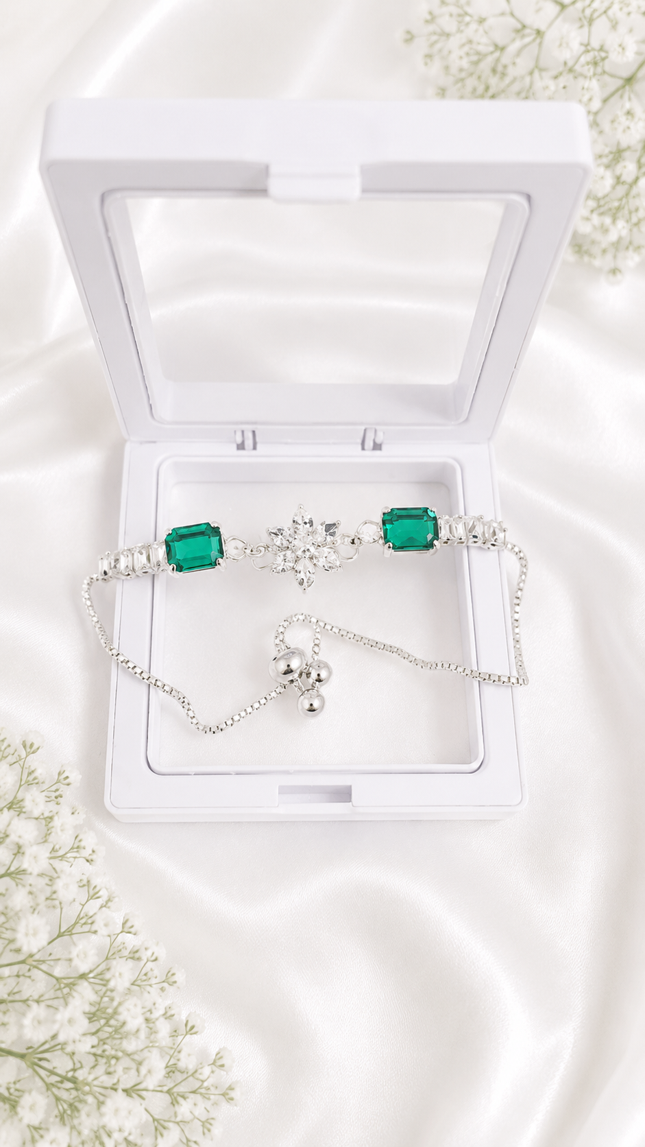 Luxury Crystal Flower Bracelet for Women | Adjustable Silver Plated Bracelet with Emerald Cut Stones | Elegant Party & Gift Jewelry