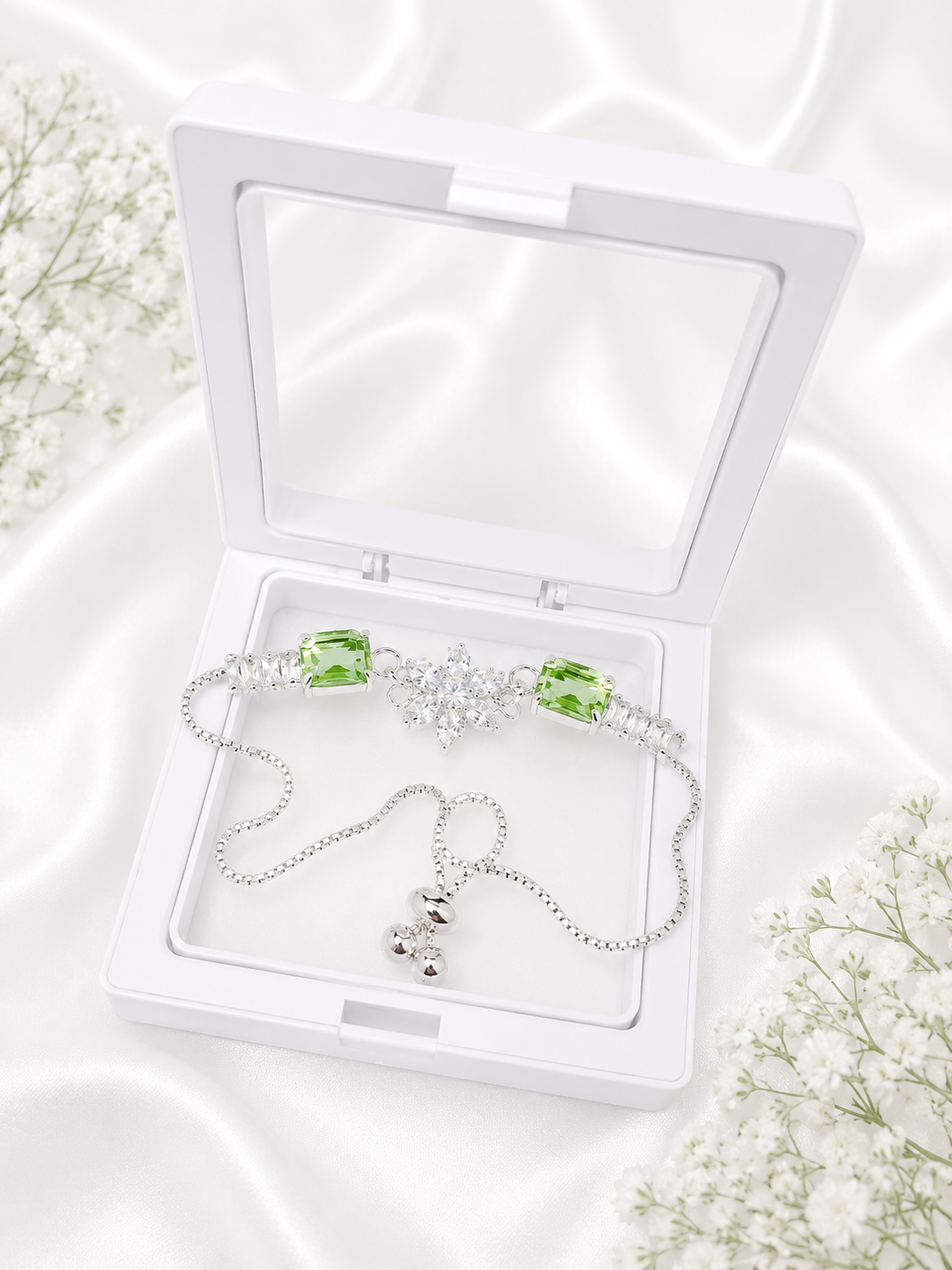 Luxury Crystal Flower Bracelet for Women | Adjustable Silver Plated Bracelet with Emerald Cut Stones | Elegant Party & Gift Jewelry