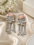 Pink Stone Silver Oxidised Tassel Earrings for Women