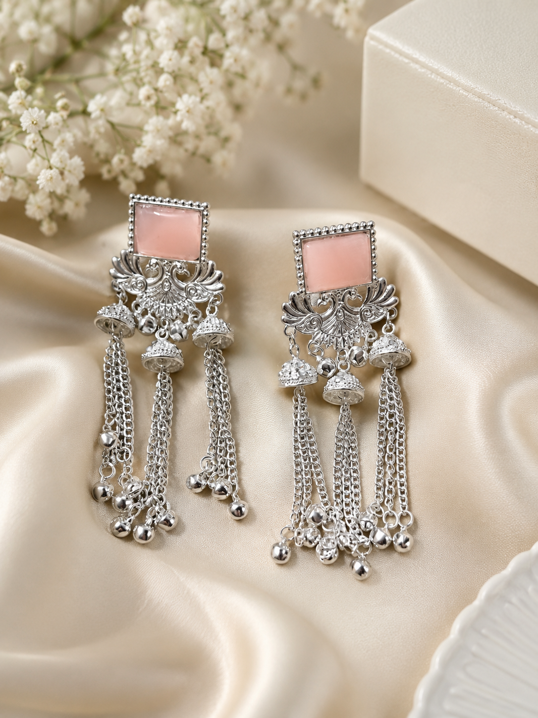 Pink Stone Silver Oxidised Tassel Earrings for Women