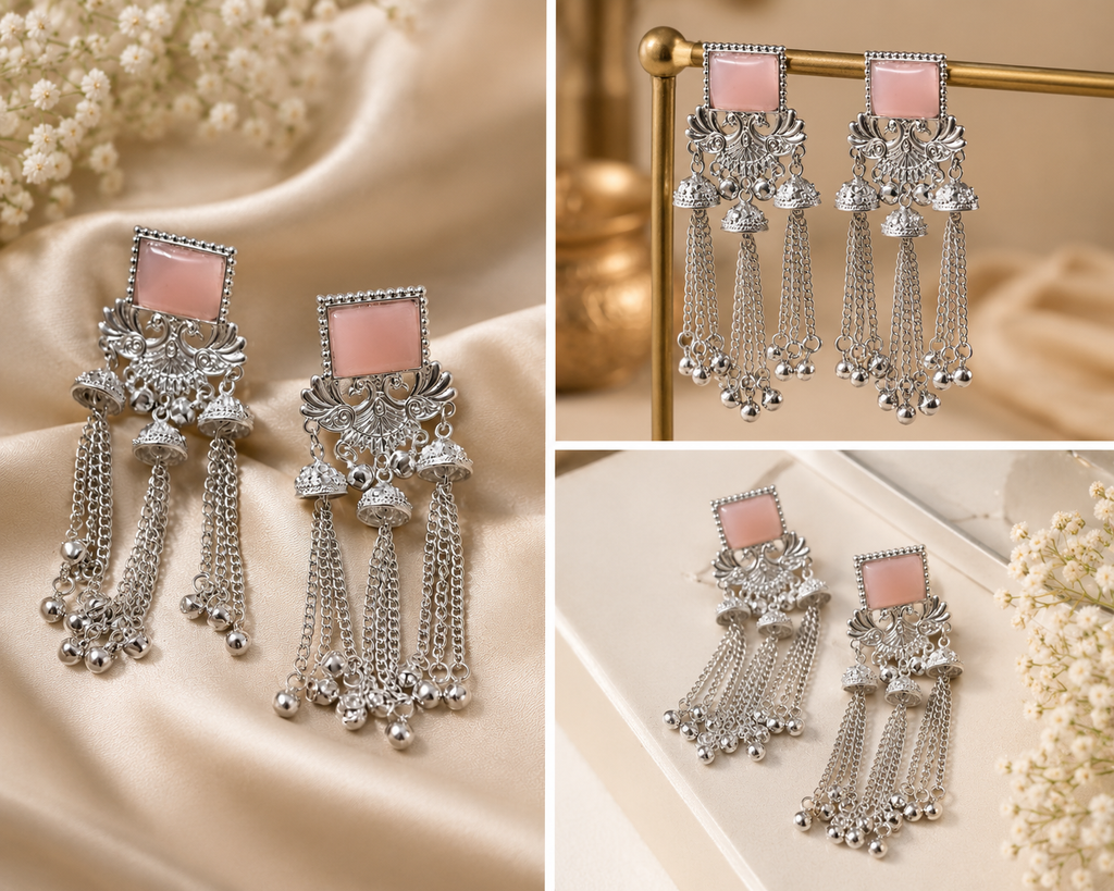 Pink Stone Silver Oxidised Tassel Earrings for Women
