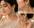 Pink Stone Silver Oxidised Tassel Earrings for Women