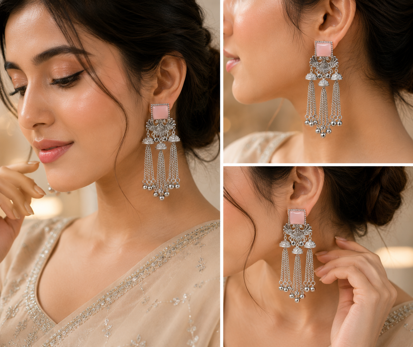 Pink Stone Silver Oxidised Tassel Earrings for Women