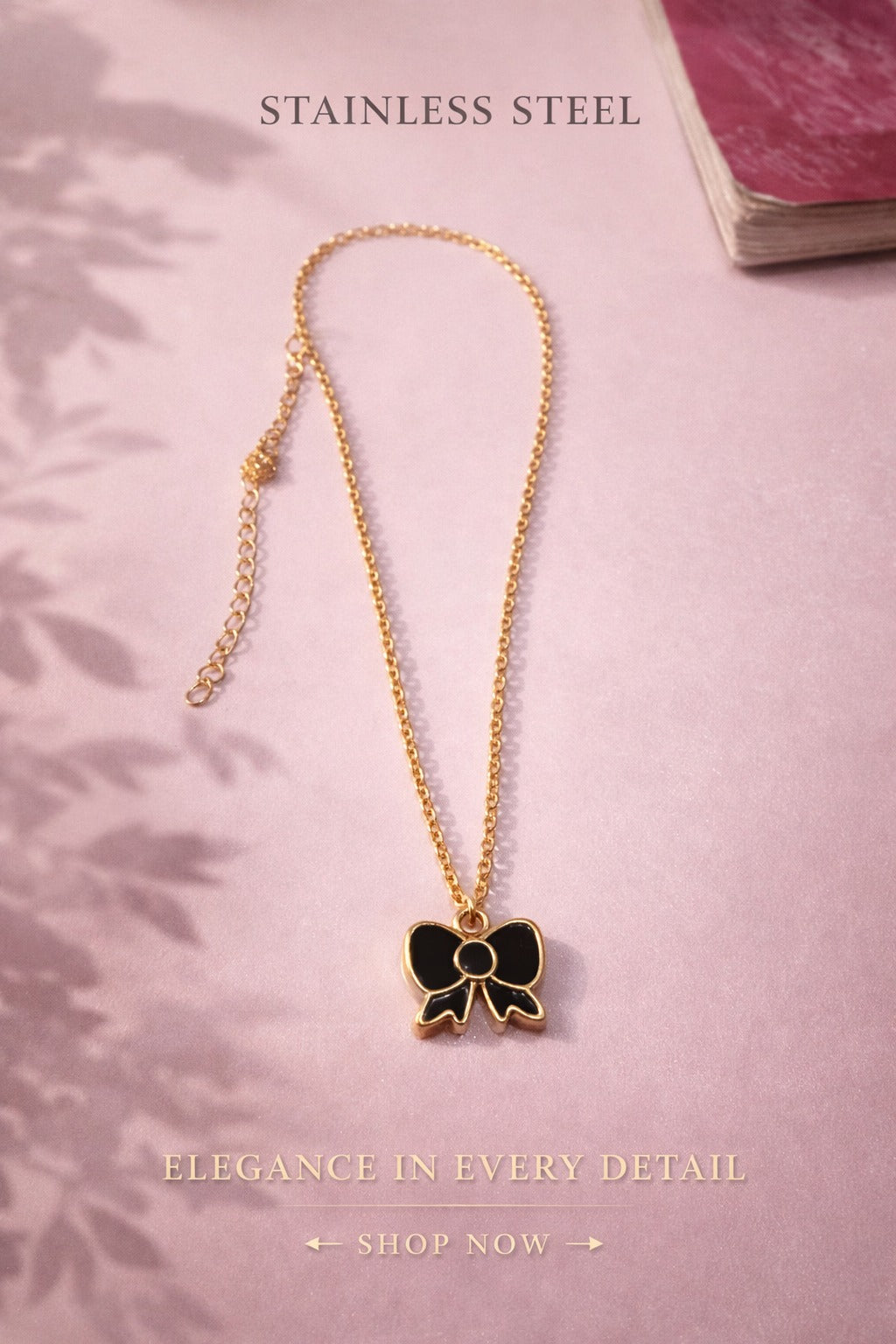 Black Bow Stainless Steel Pendant Necklace – Minimal &amp; Elegant Design