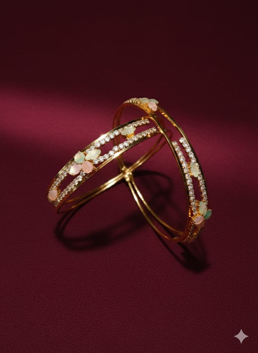 Pastel Floral Gold Finish Bangle Set – Elegant Crystal Detailed Bangles