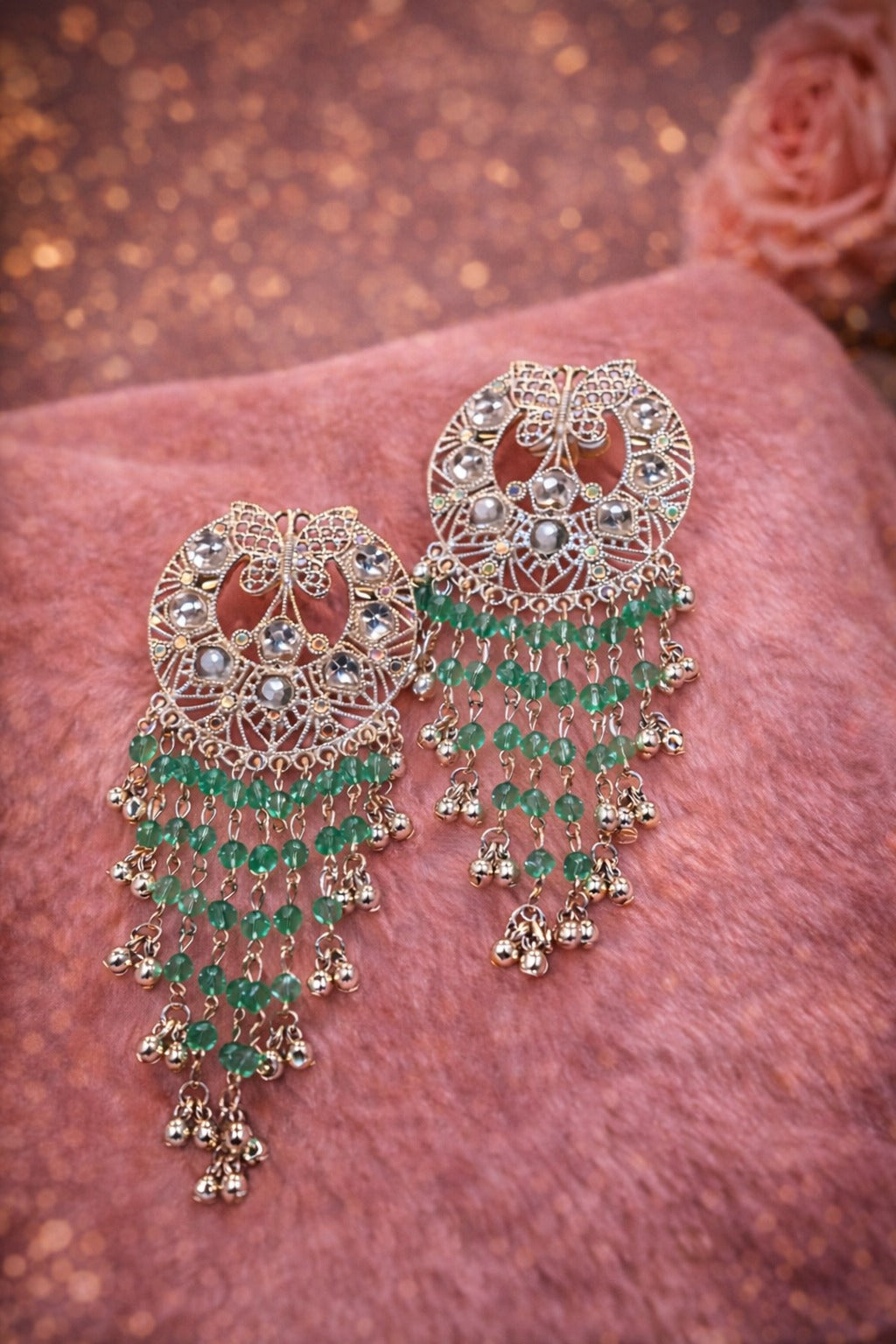 Emerald Green Beaded Butterfly Chandbali Earrings for Women | Traditional Gold Plated Statement Party & Wedding Jewellery