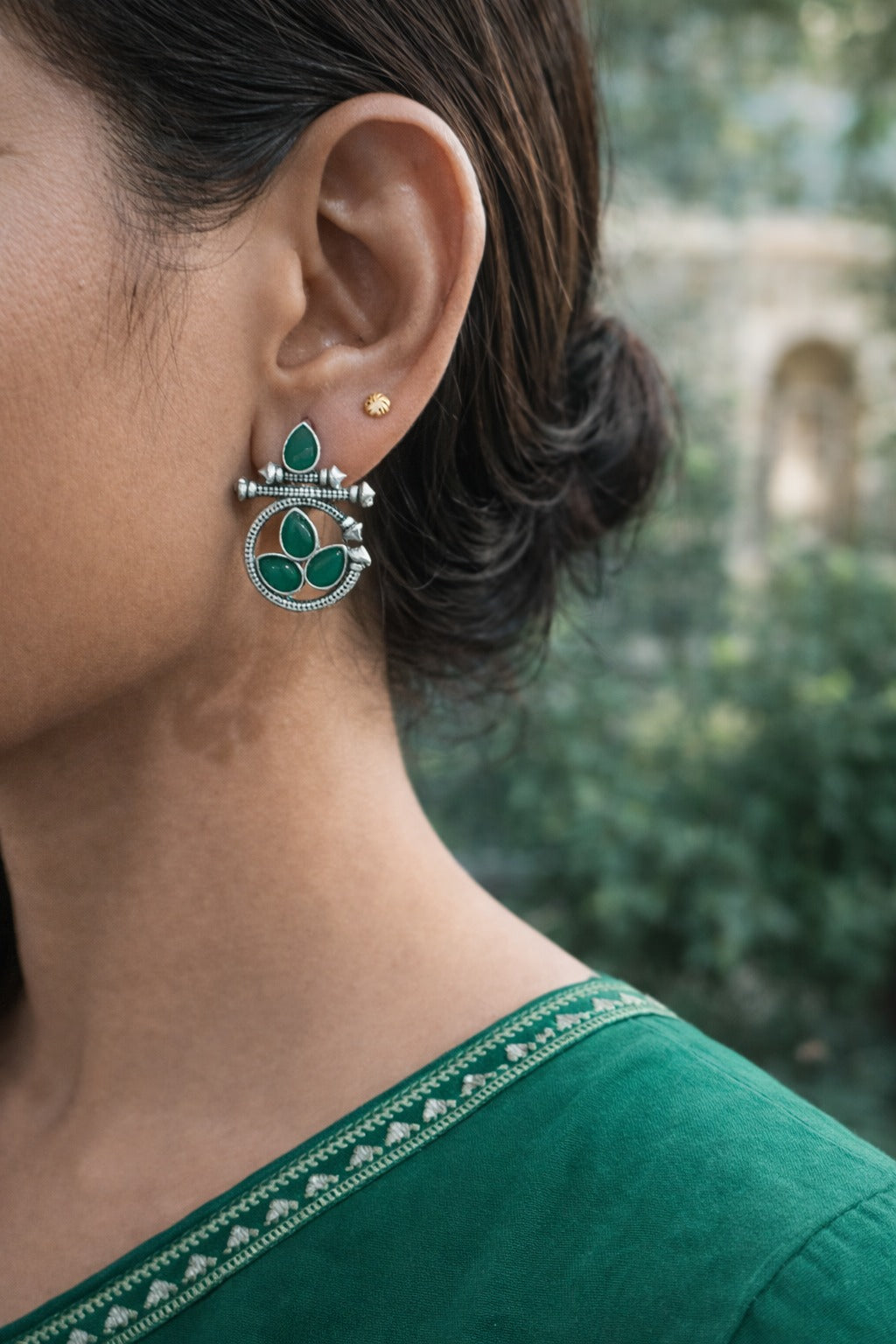 Elegant Handcrafted Oxidized Silver Look Stud Earrings with Leaf Motif – Green, Red, Yellow, Sky Blue &amp; Light Purple