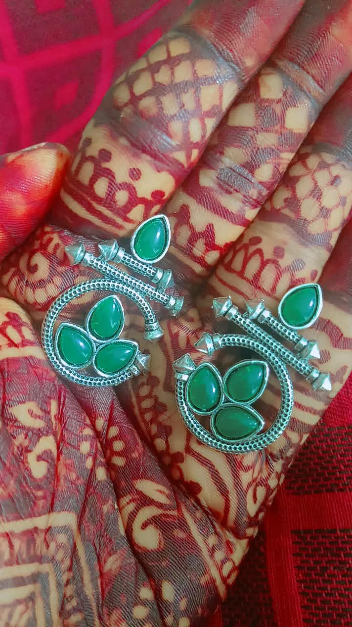 Elegant Handcrafted Oxidized Silver Look Stud Earrings with Leaf Motif – Green, Red, Yellow, Sky Blue &amp; Light Purple