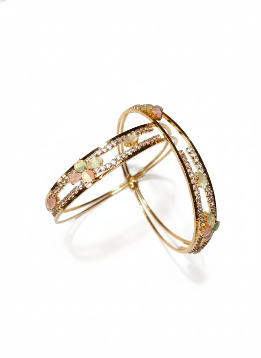Pastel Floral Gold Finish Bangle Set – Elegant Crystal Detailed Bangles