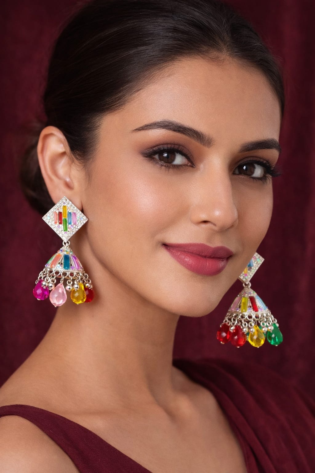 Rainbow Crystal Jhumka Earrings – Premium Silver Finish Statement Earrings