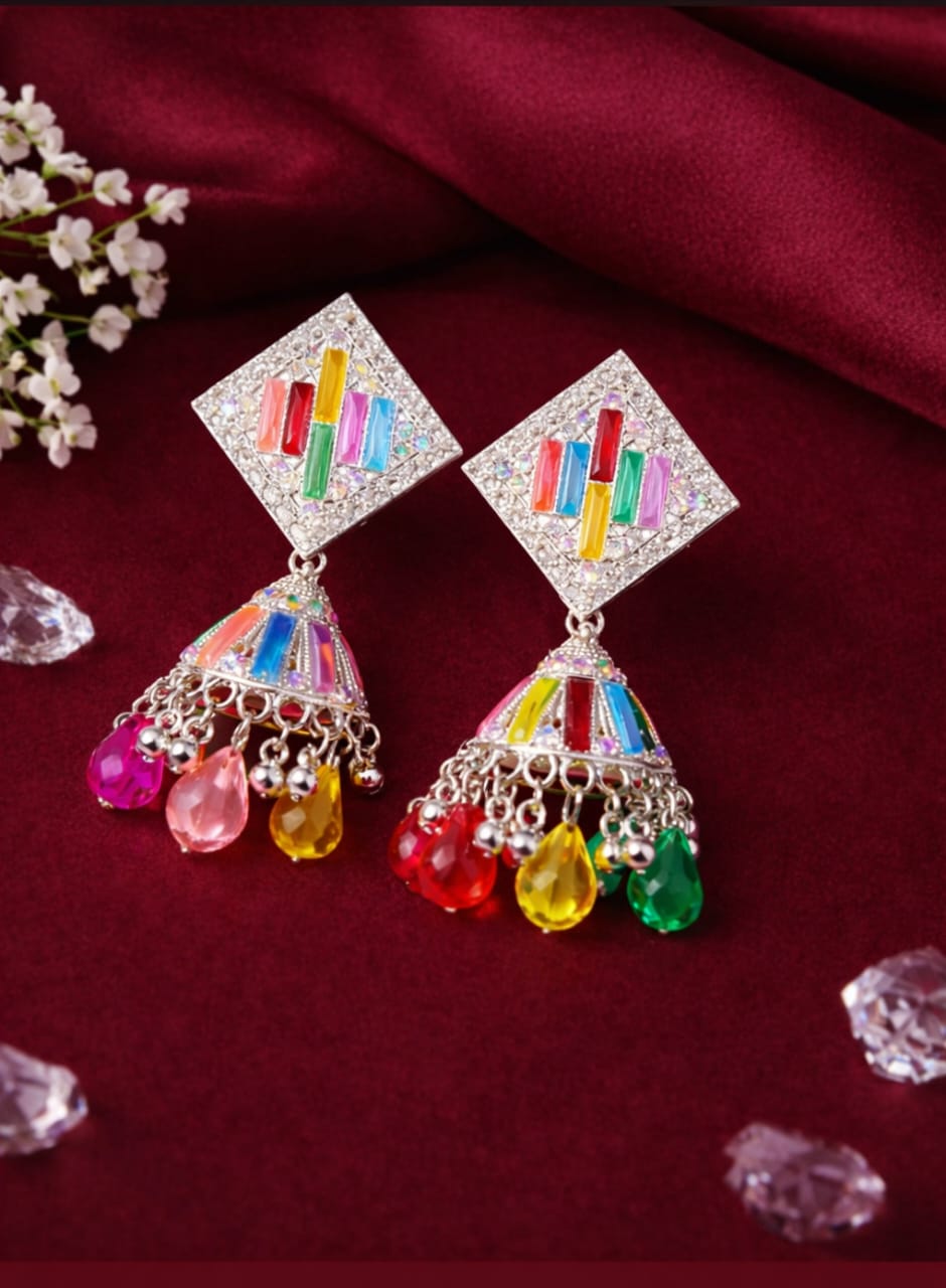 Rainbow Crystal Jhumka Earrings – Premium Silver Finish Statement Earrings