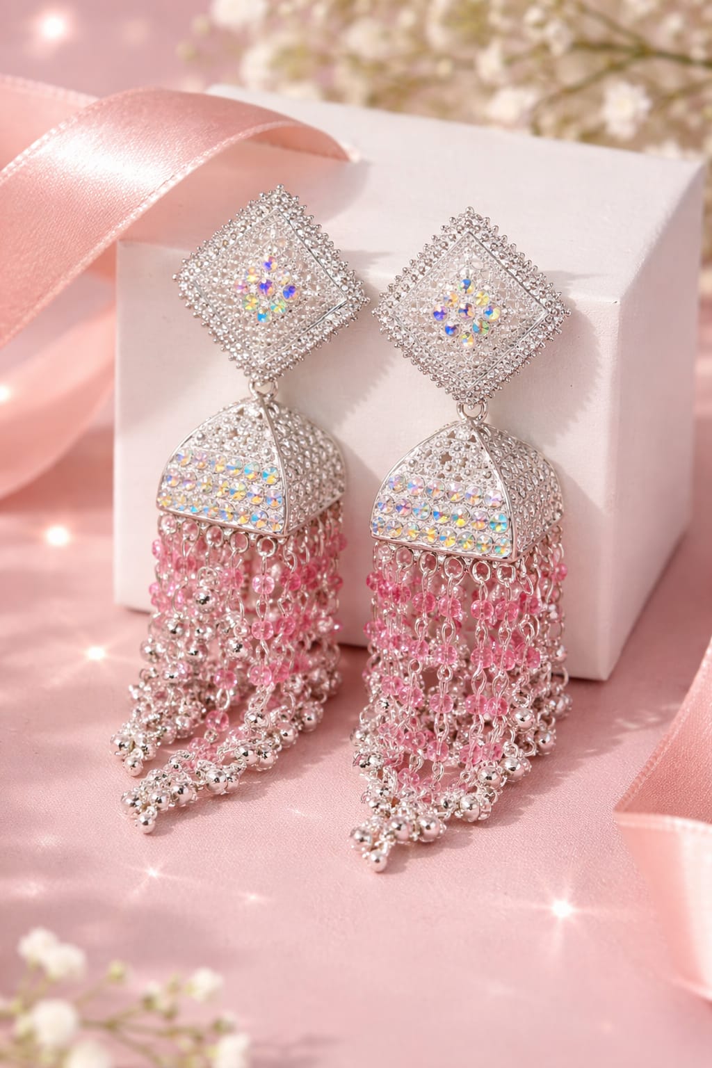 Blush Pink Silver Stone Long Tassel Earrings for Women | Bridal & Party Wear Designer Jhumka Style Earrings