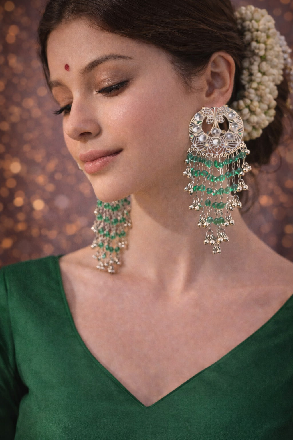 Emerald Green Beaded Butterfly Chandbali Earrings for Women | Traditional Gold Plated Statement Party & Wedding Jewellery